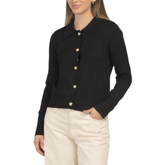 GEMMA+ JANE Black Collared Gold Tone Button Cardigan Sweater - Picture 1 of 2